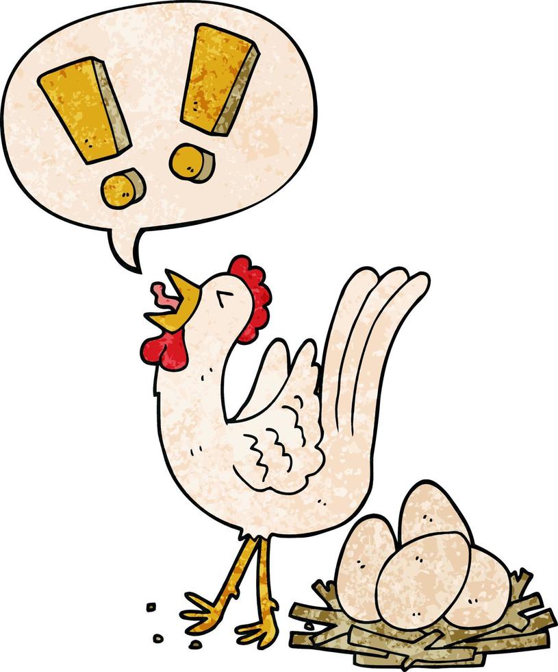 cartoon chicken laying egg and speech bubble in retro texture style vector