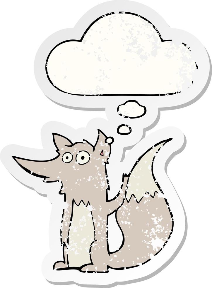 cartoon wolf and thought bubble as a distressed worn sticker vector