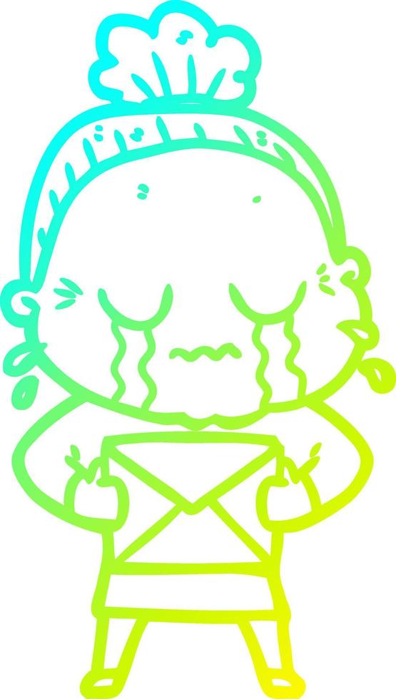 cold gradient line drawing cartoon old woman crying with letter vector