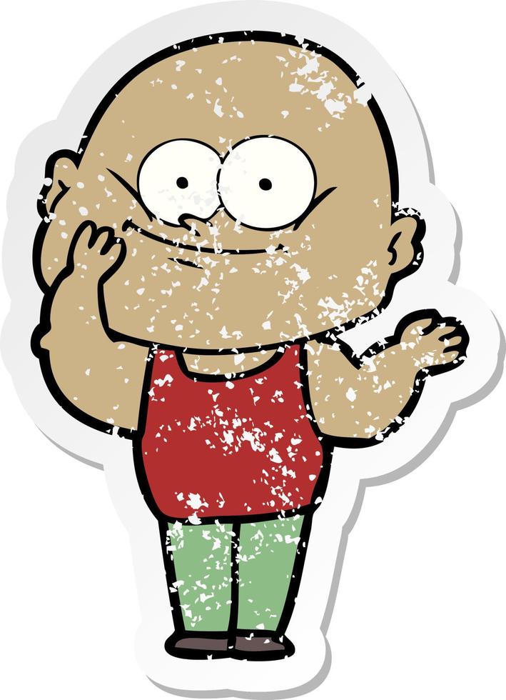 distressed sticker of a cartoon bald man staring vector