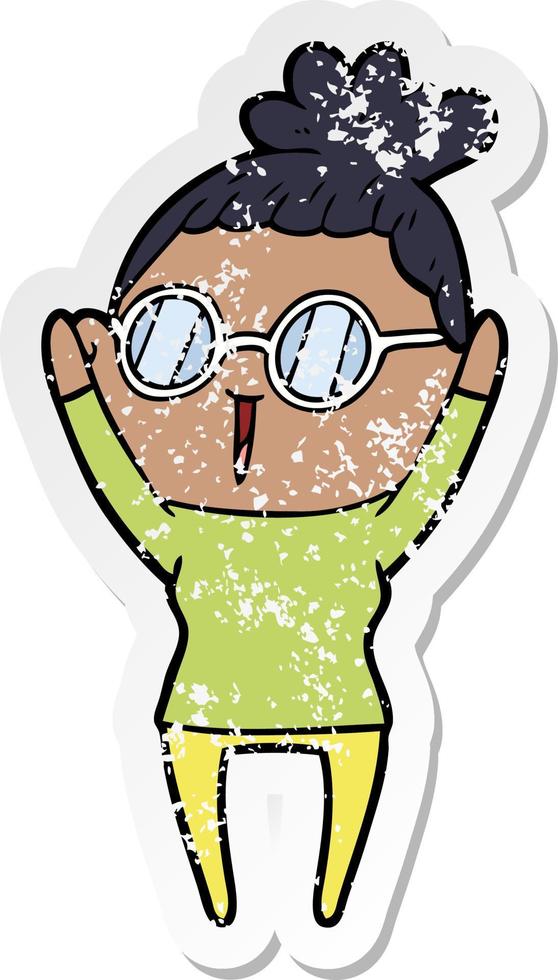 distressed sticker of a cartoon woman wearing spectacles vector