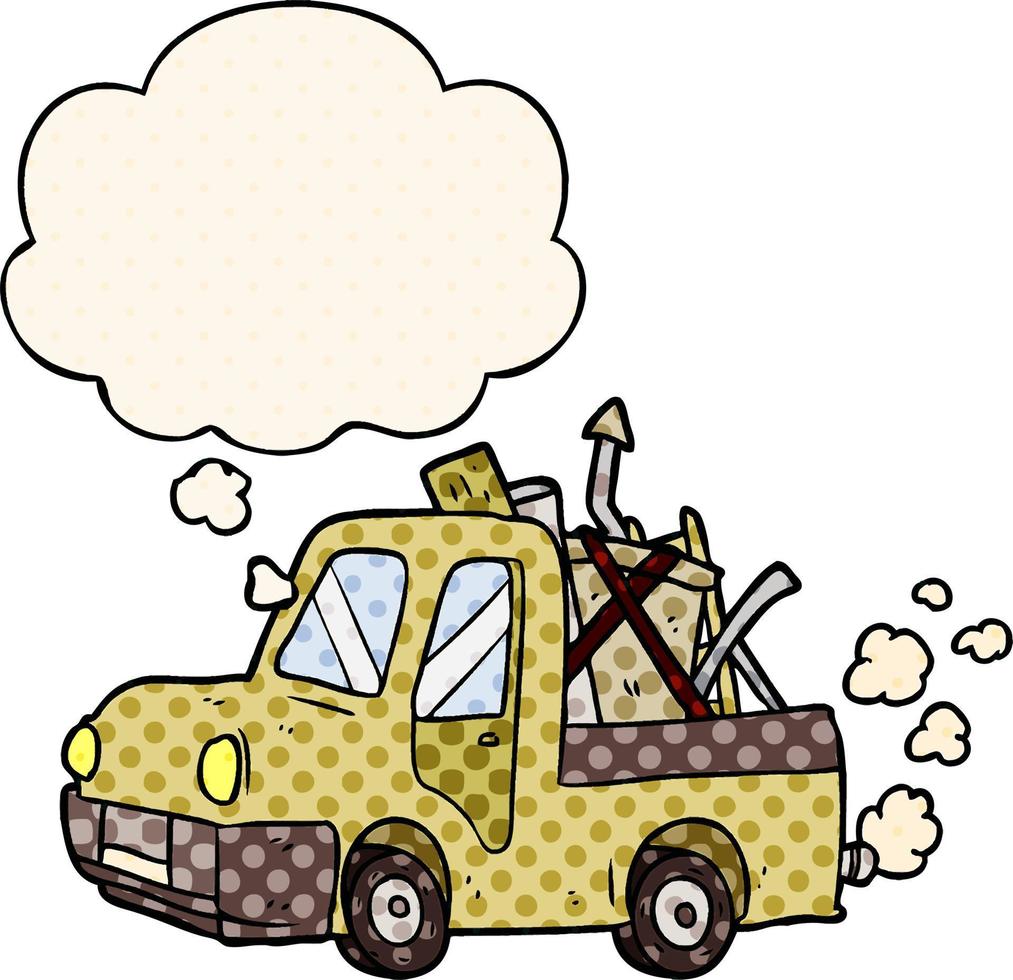 cartoon old truck and thought bubble in comic book style vector