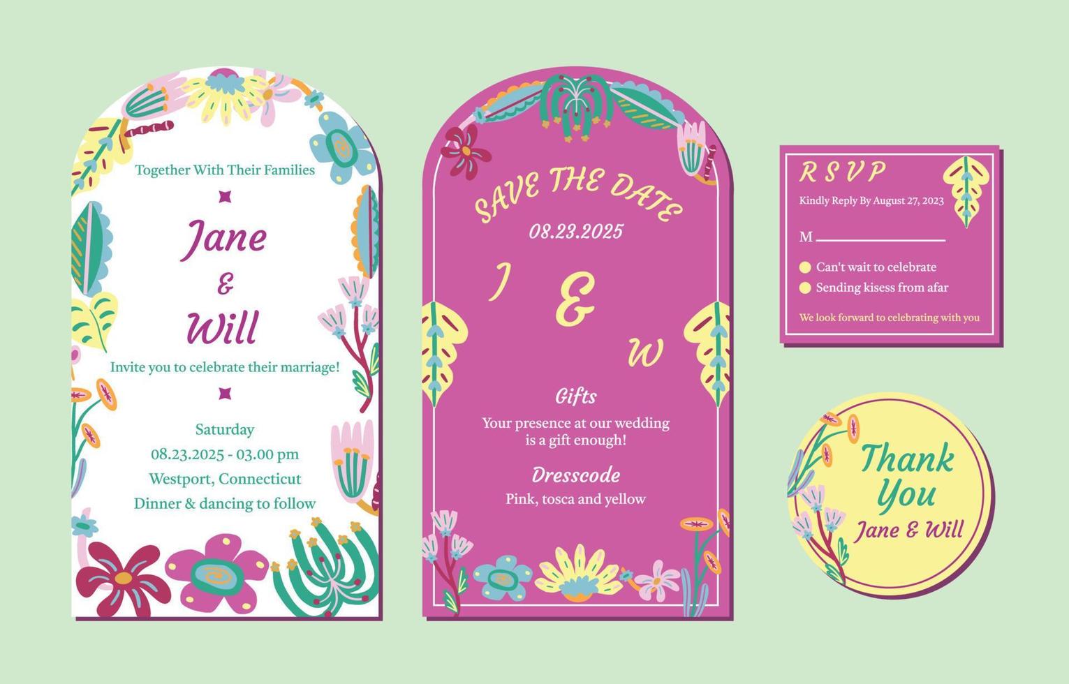 Colorful Floral Wedding Invitation Set vector