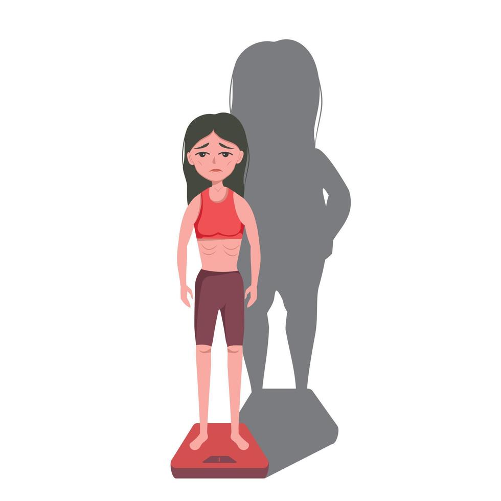 very thin woman with a mental disorder of anarexia and bulimia stands on the scales, feeling fat, feeling a fat shadow behind her vector
