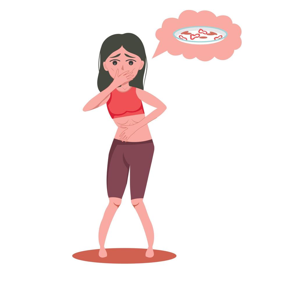 very thin woman with mental disorder anarexia and bulimia feels nauseous thinking about food, loses weight, feels guilty vector
