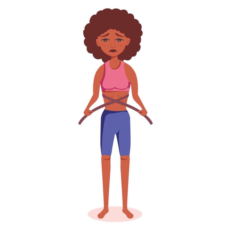mujer negra afroamericana muy delgada con un trastorno mental de anarexia y bulimia mide su cintura con una cinta de centímetros, sintiéndose gorda, insatisfecha con su peso, quiere perder aún más peso vector