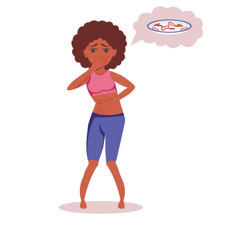 Very thin African American woman with mental disorder anarexia and bulimia feels nauseous thinking about food, loses weight, feels guilty vector