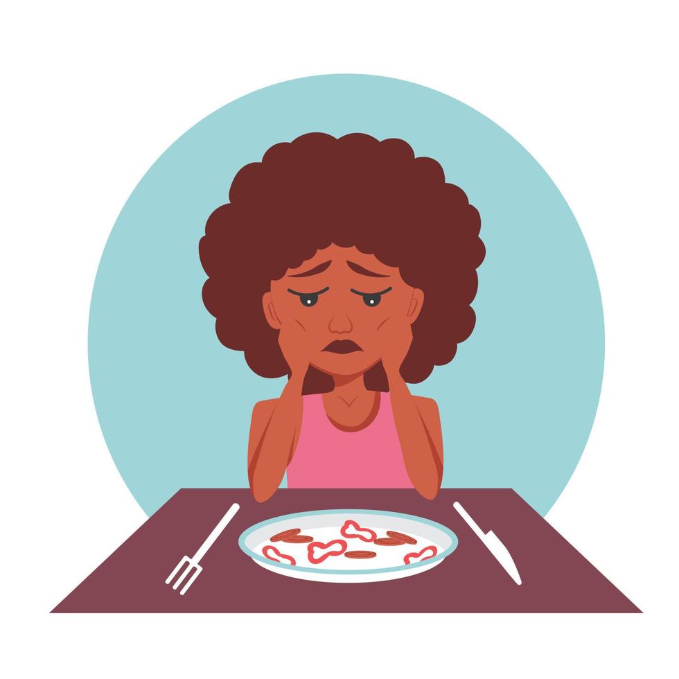 mujer negra afroamericana muy delgada con trastorno mental anarexia y bulimia mira un plato de comida dietética y tiene miedo de comer, insatisfecha con su peso, quiere perder más peso vector