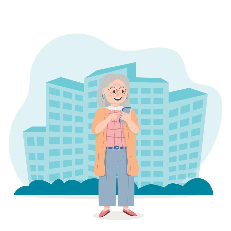 elderly woman joyfully uses a smartphone on the background of the city isolated on a white background flat cartoon graphic vector