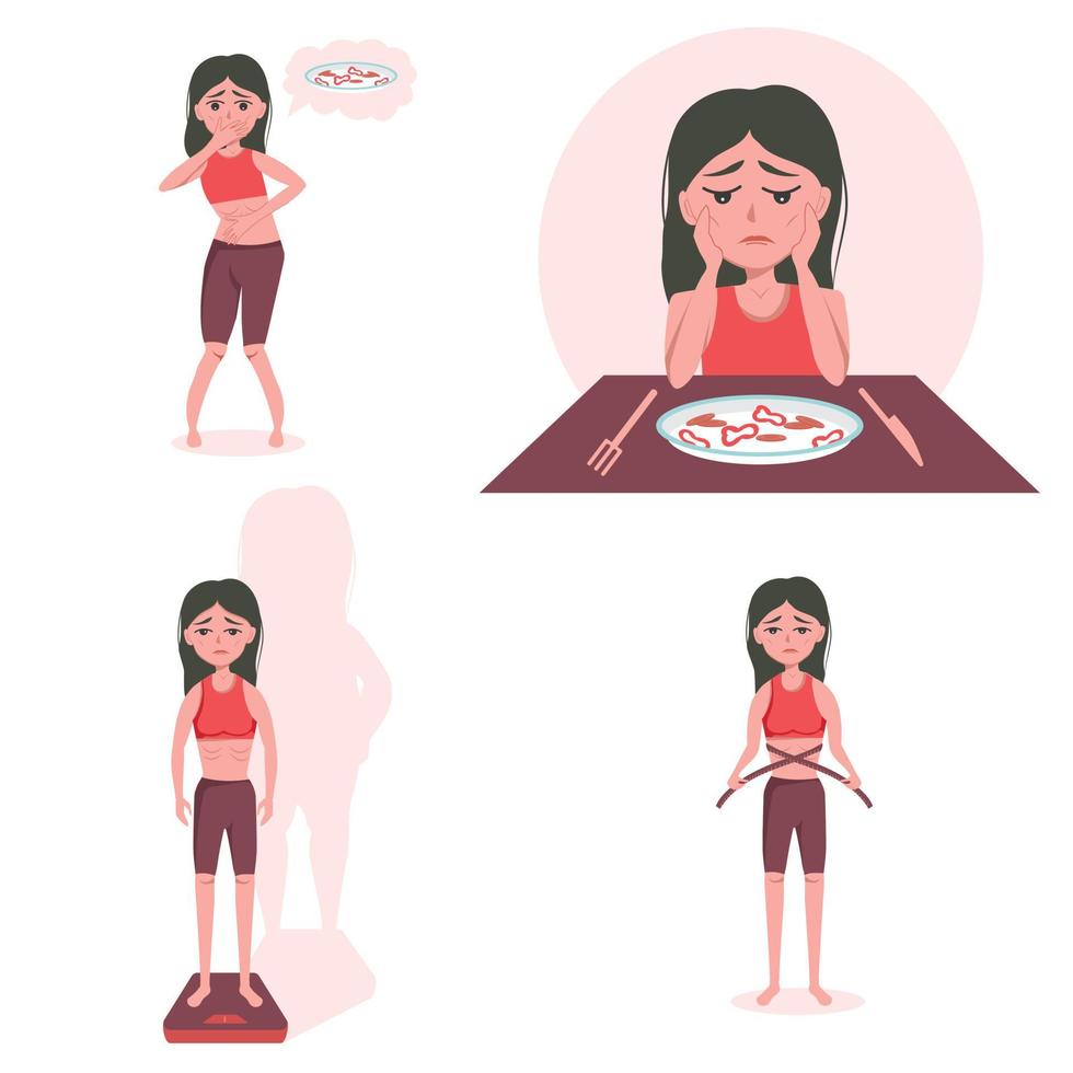 The concept of mental disorder and food addiction - a girl with anorexia, bulimia is afraid to eat, weigh herself, measure body parameters. nauseated at the thought of food vector