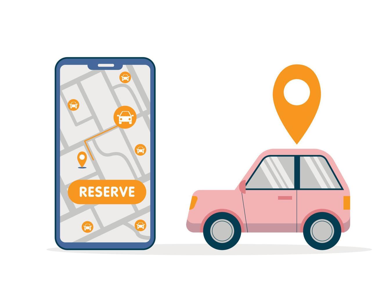 ilustración simple de uso compartido de automóviles con un gran teléfono inteligente con búsqueda gratuita de automóviles y mapa de reserva y automóvil rosa en estilo plano vector