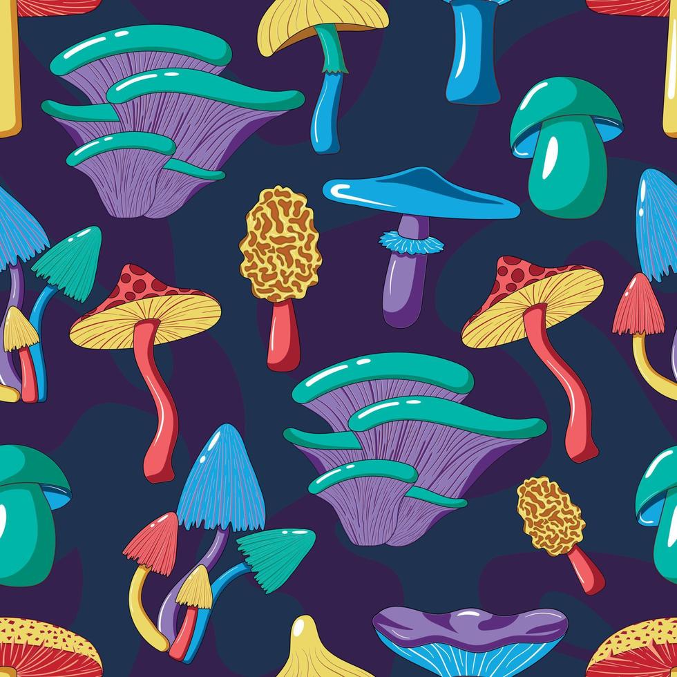 Seamless pattern with psychedelic hallucinogenic colorful mushrooms in 70s  hippie style on a dark abstract background 9919202 Vector Art at Vecteezy