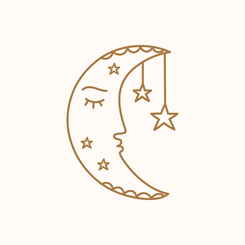 Moon face character. Mystical boho line art icon vector