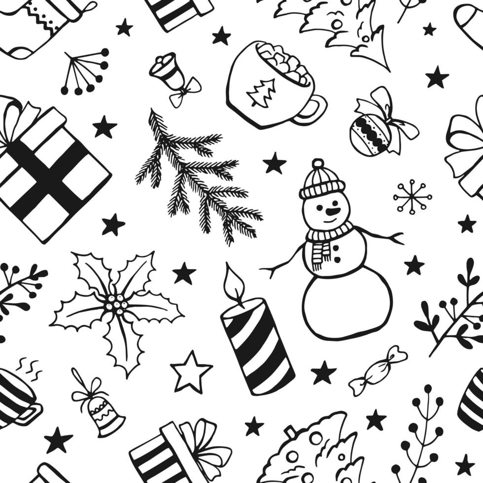 Christmas seamless pattern, hand drawn style doodle elements. Vector illustration.