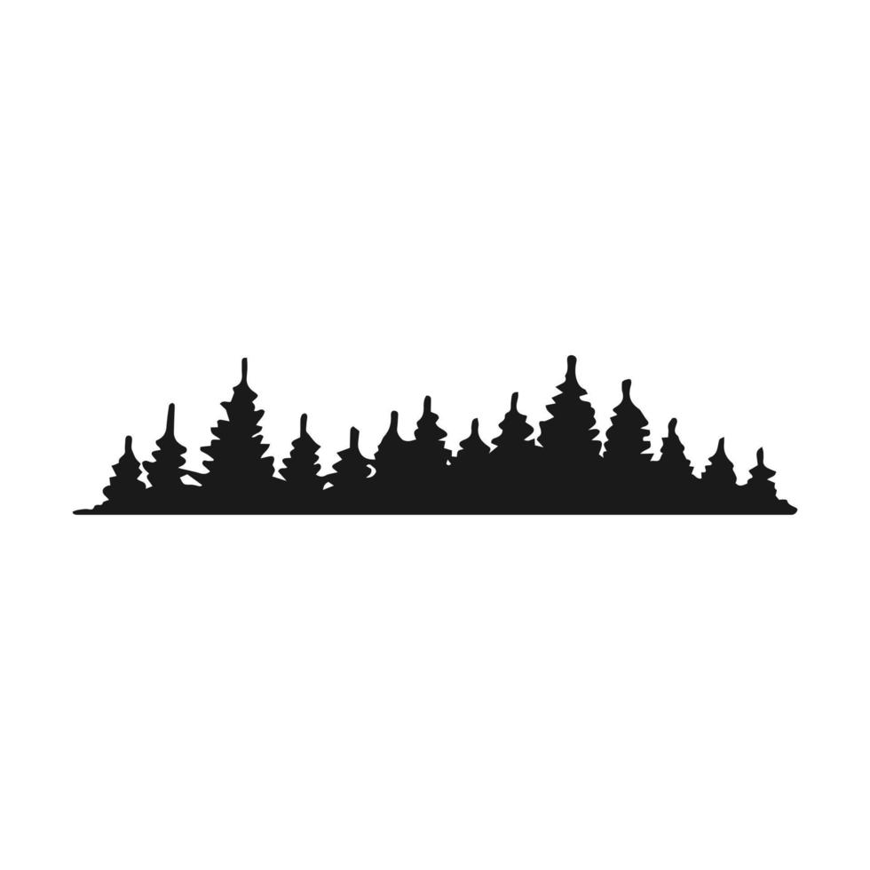 Silhouette of pine trees forest isolated on white background. Hand drawn vector illustration.