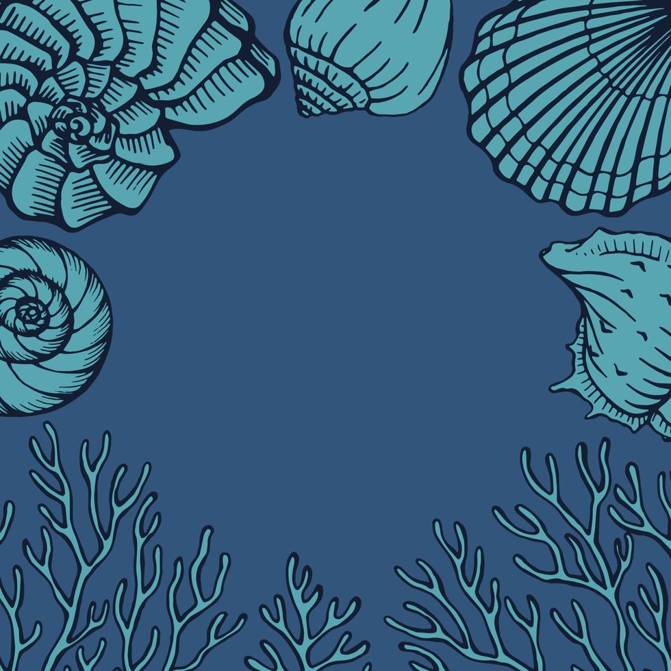 Seashells and coral frame. Sea and ocean design template. Vector card templates. Vector illustration in sketch style.