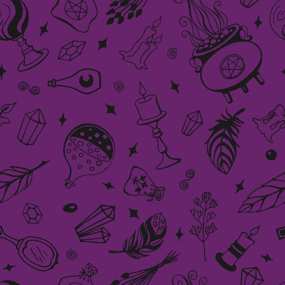 Seamless pattern with hand drawn magic tools, concept of witchcraft. Witchcraft, magic background for witches and wizards. vector