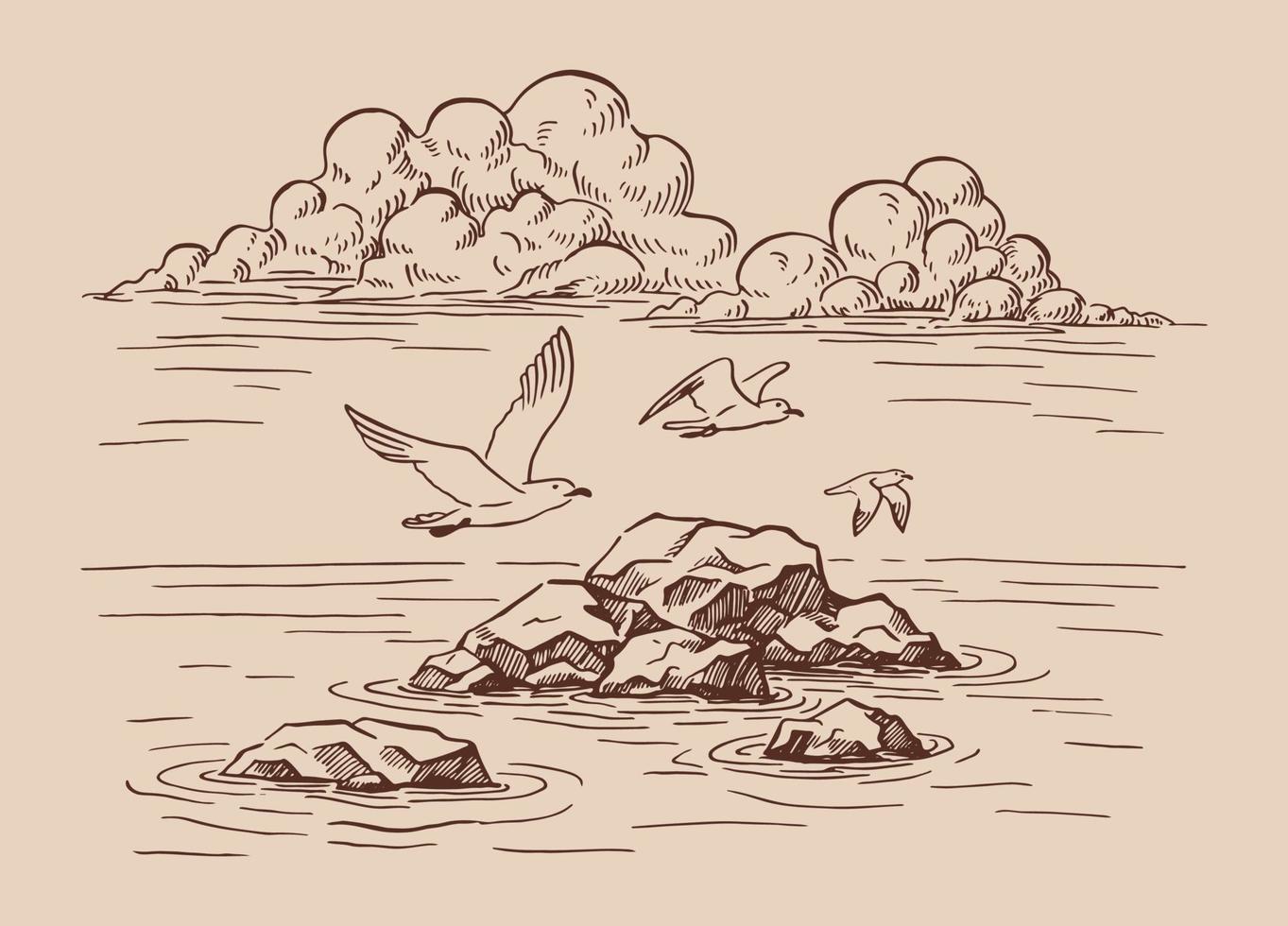 marina. paisaje, mar, rocas, gaviotas. ilustración dibujada a mano convertida en vector. vector
