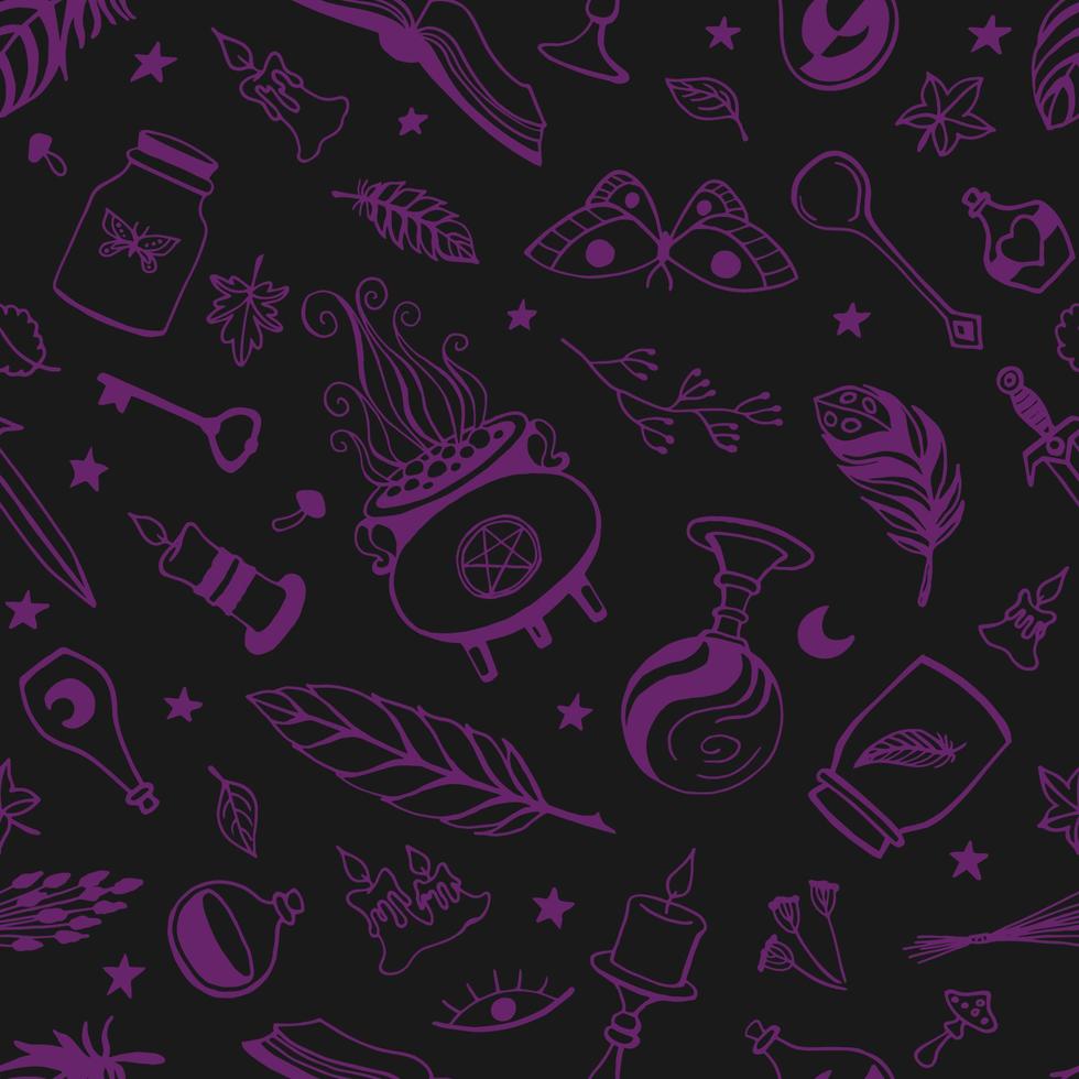 Seamless pattern with hand drawn magic tools, concept of witchcraft. Witchcraft, magic background for witches and wizards. vector