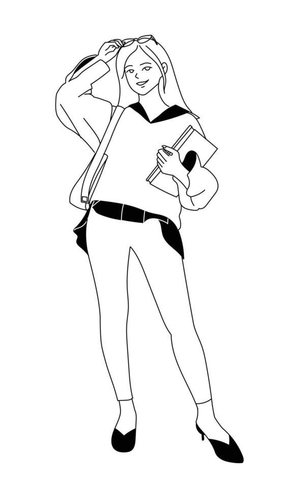 Young woman student, college, university standing and holding headband glasses and book vector