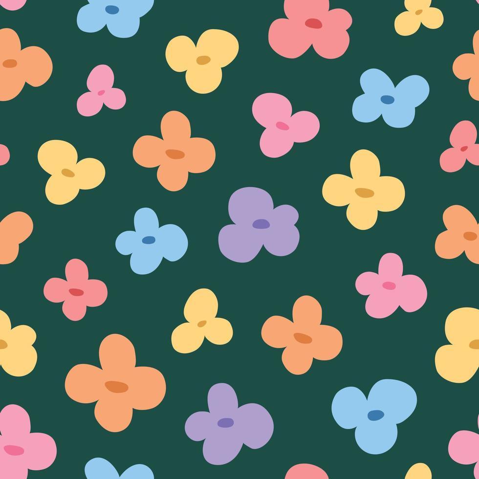 Seamless pattern with colorful hand drawn flowers flat style, vector illustration on dark green background. Cute design for print, packaging and wrapping