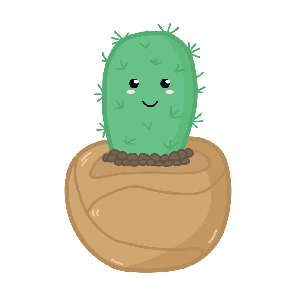 Hand drawn cute cartoon cactus with stines in round pot doodle style, vector illustration isolated on white background. Nature plant, decorative design element for print or web