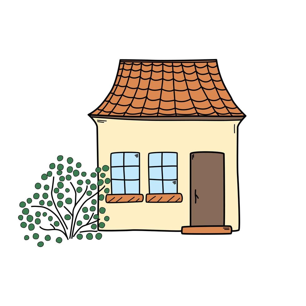 Hand drawn colorful cute house with tree doodle style, vector illustration isolated on white background. Tile roof, decorative design element, outdoor