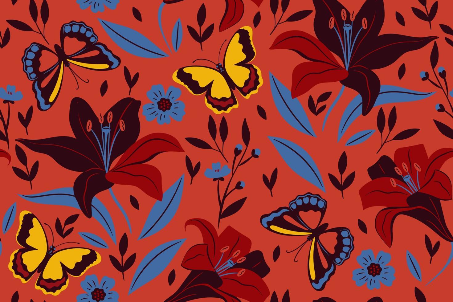 Seamless pattern of butterflies and lily flowers. Vector graphics.