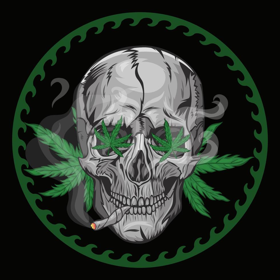 Skull smokes marijuana on a black background. Vector graphics.