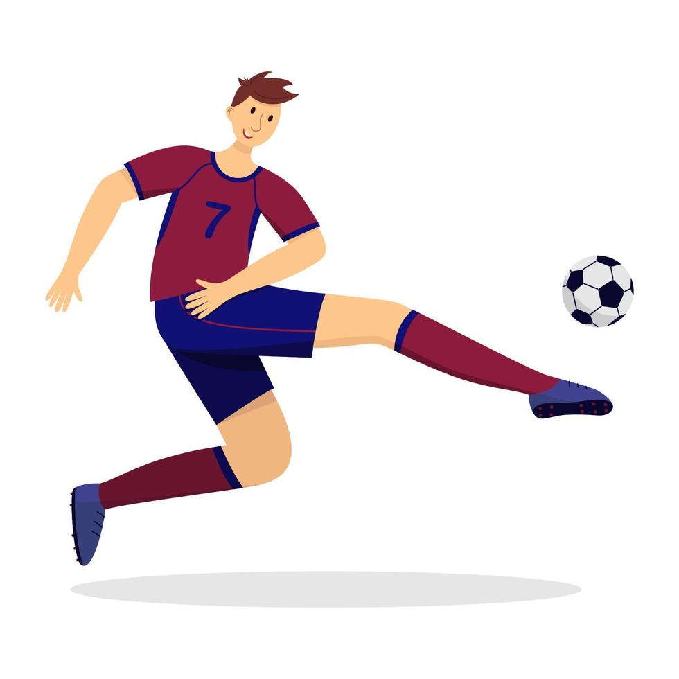 Footballer in uniform quick shooting a ball. Soccer player in action isolated white background. Front view. Vector illustration in cartoon style