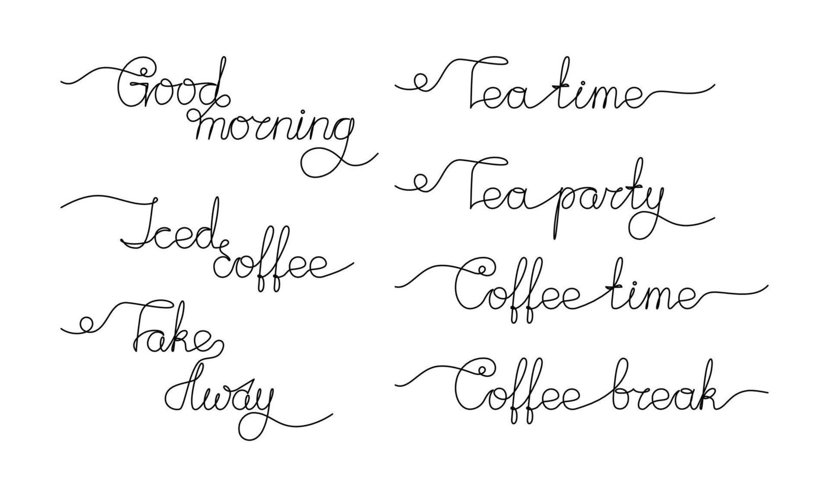 Quote about tea and coffee. Lettering in the style of modern calligraphy. Take away. Iced coffee. Tea time. Handwritten phrase and typography for your designs - menu, bags, posters, invitations. vector