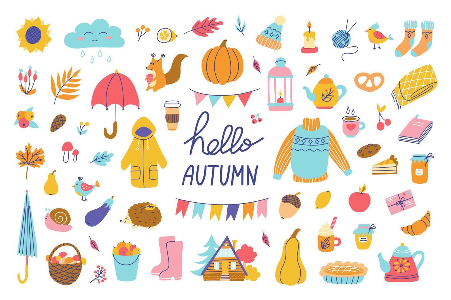 Autumn set of elements with hand lettering. Sweater, umbrella, harvest. Vector illustrations in flat hand drawn style. Design of packaging paper, postcards, fabric