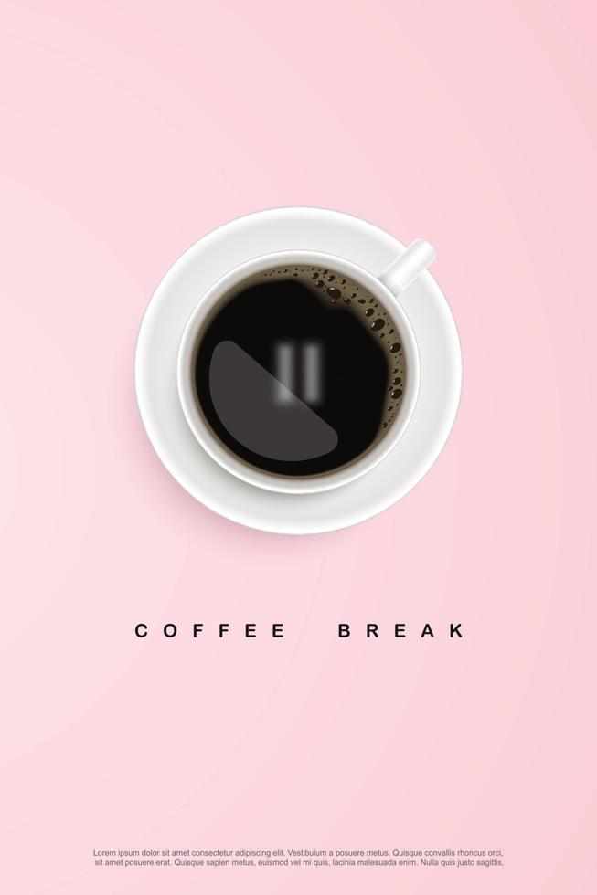 café negro en taza blanca sobre fondo rosa. diseño para cartel publicitario flyer ilustración vectorial vector