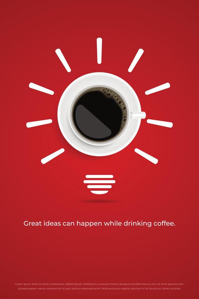 Black coffee in white cup on red background poster advertisement flyer Vector Illustration