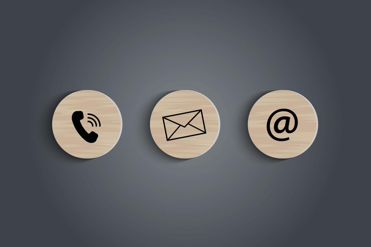 la dirección de correo electrónico, el número de teléfono y los iconos de letras imprimen la pantalla en un bloque de madera circular en la mesa para el contacto comercial de la página web y el concepto de servicio al cliente. ilustrador vectorial vector