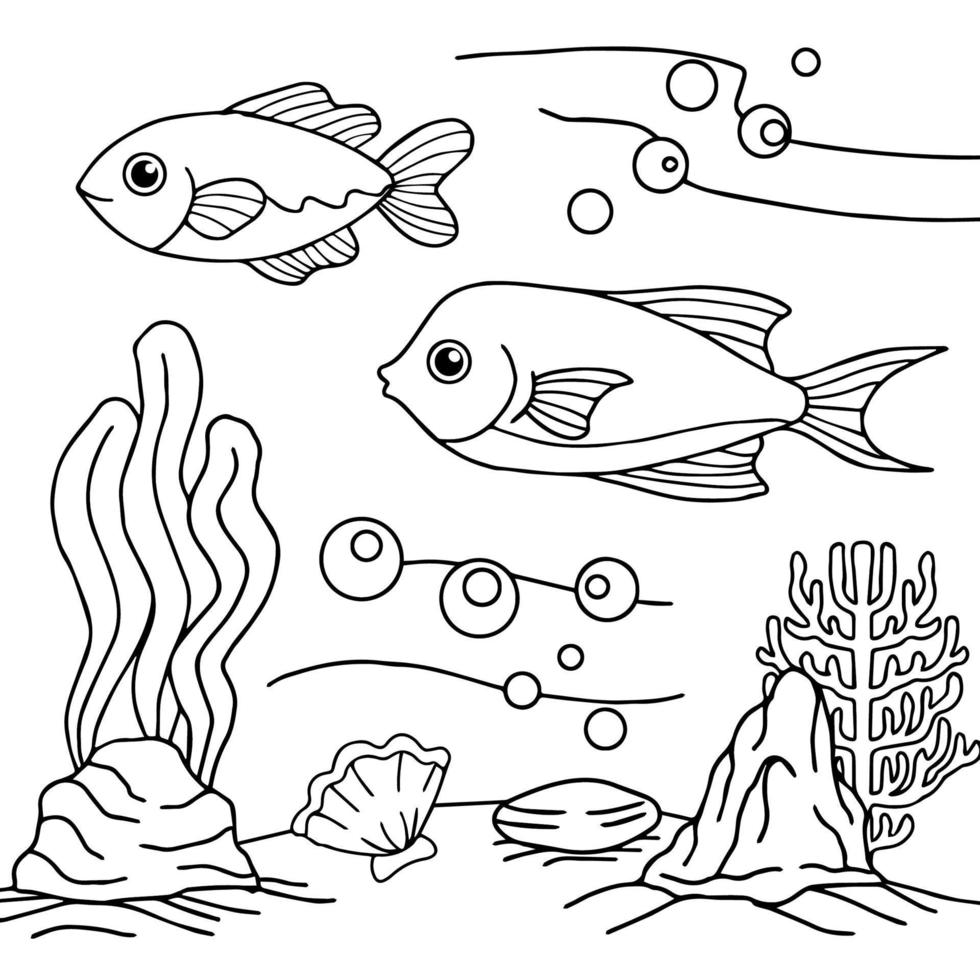 página de coloreado vectorial de diseño para niños peces bajo el agua vector