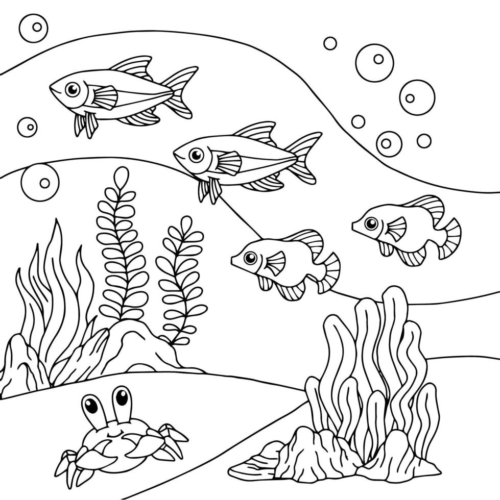 Design Vector Coloring Page for Kid Fish Under water