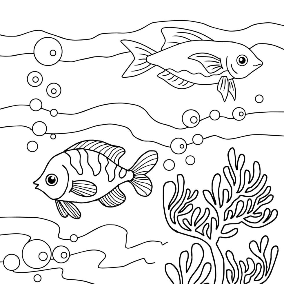 página de coloreado vectorial de diseño para niños peces bajo el agua vector