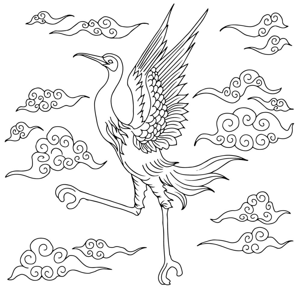 Design Vector Outline Asian Crane with Cloud