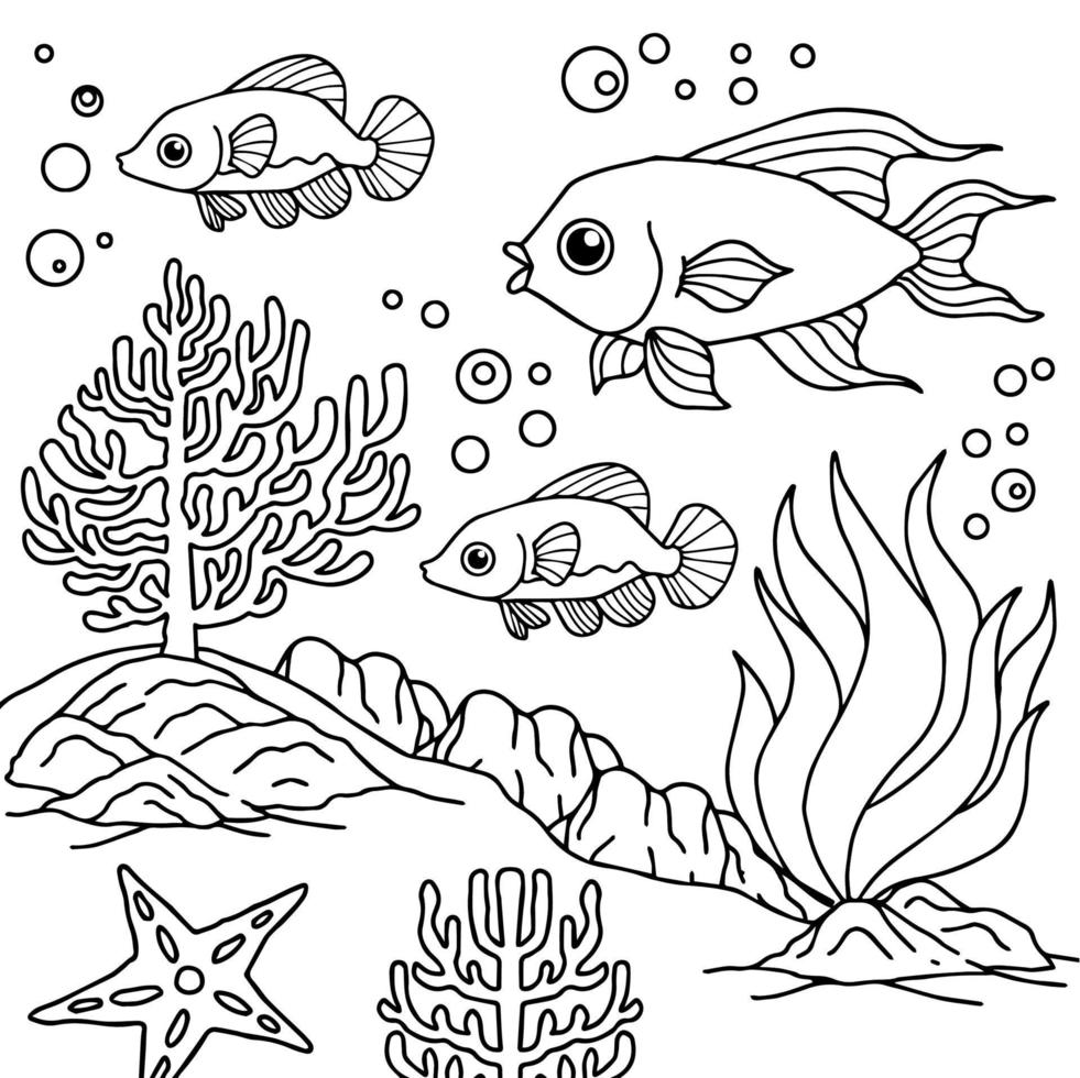 Design Vector Coloring Page Aqua Fish for Kid