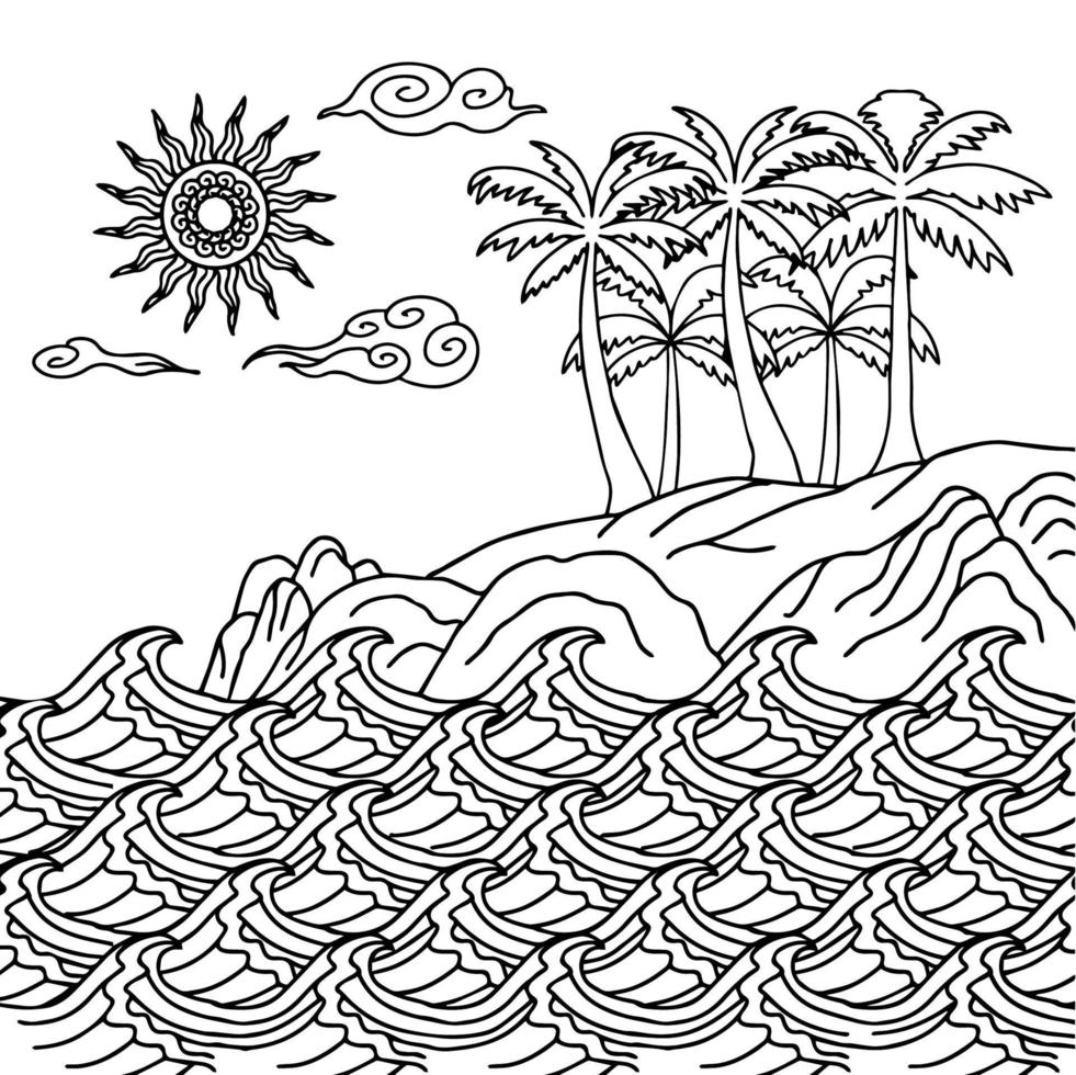 Design Vector Outline Island Beach with Wave