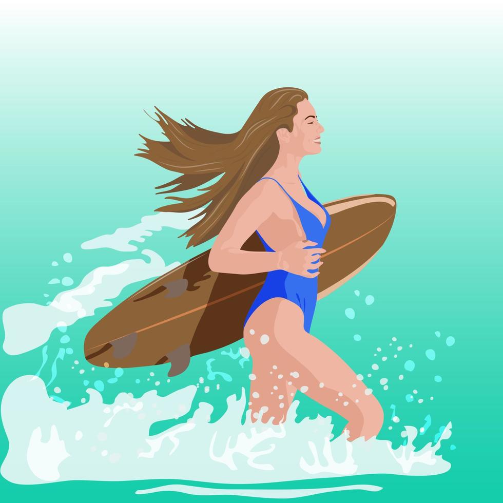 una chica de cabello castaño con un traje de baño azul con una tabla de surf corre hacia el mar vector