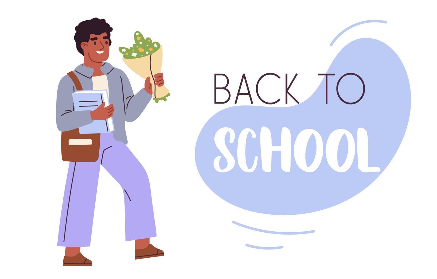 Back to school card with aframerican schoolboy. Boy with book and flowers. Flat vector illustration