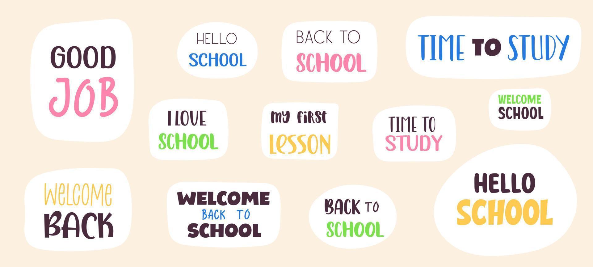 Collection of Back to School inscriptions phrases. Set of lettering written slogans or phrases. Bundle of Back to School inscriptions. Vector illustration