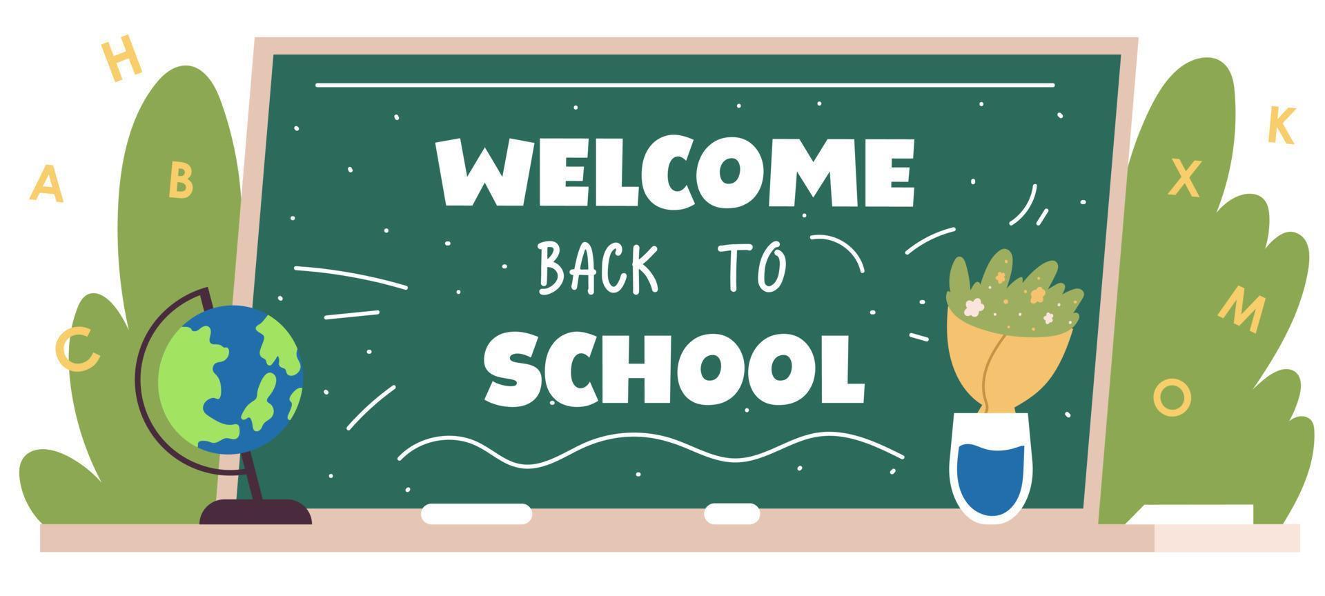 Welcome back to school text drawing on the blackboard. Back to school creative banner. Flat vector illustration