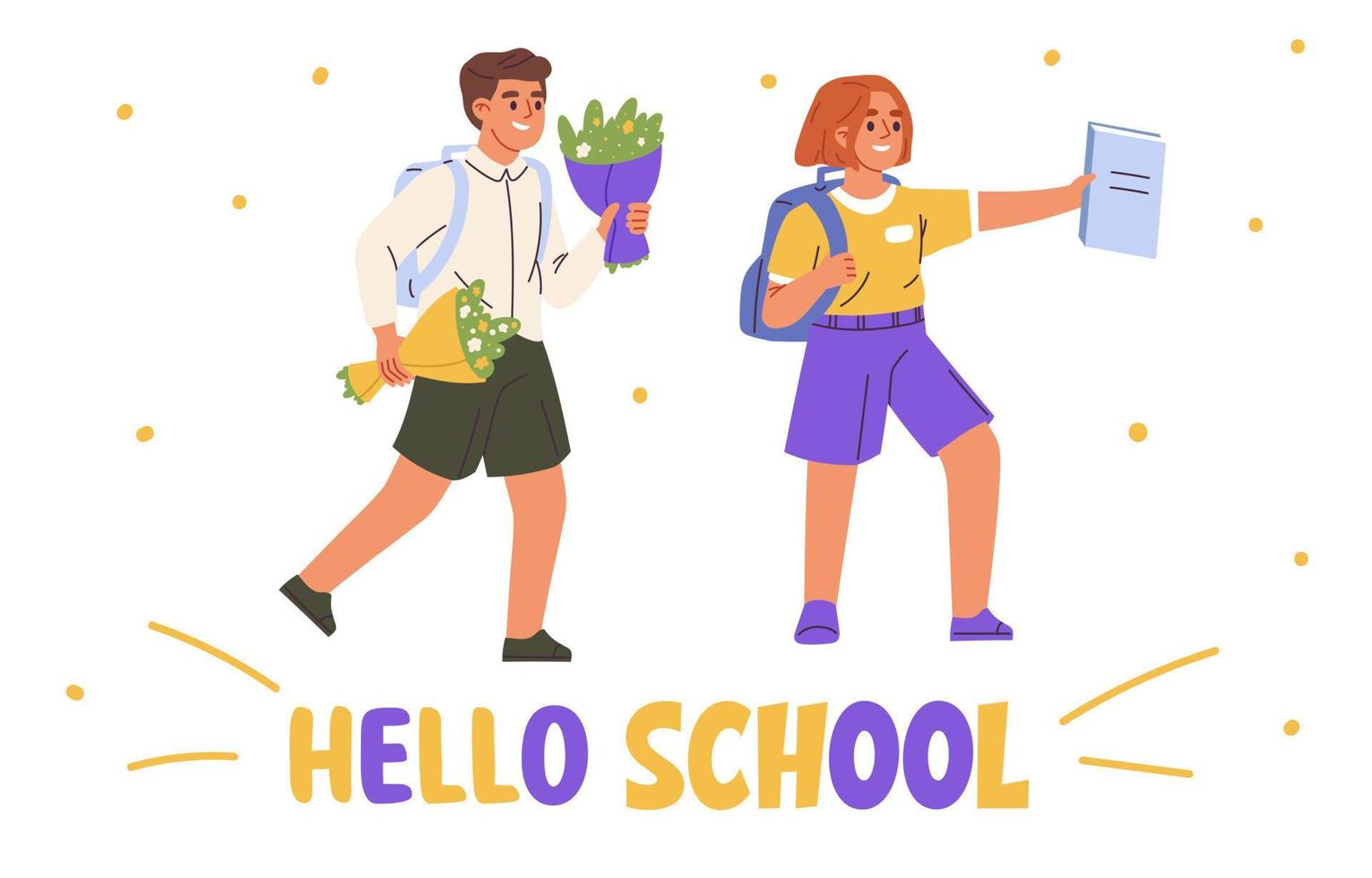 Preschool children run to school with hello school phrase. Happy boy and girl go to school. Flat vector illustration card