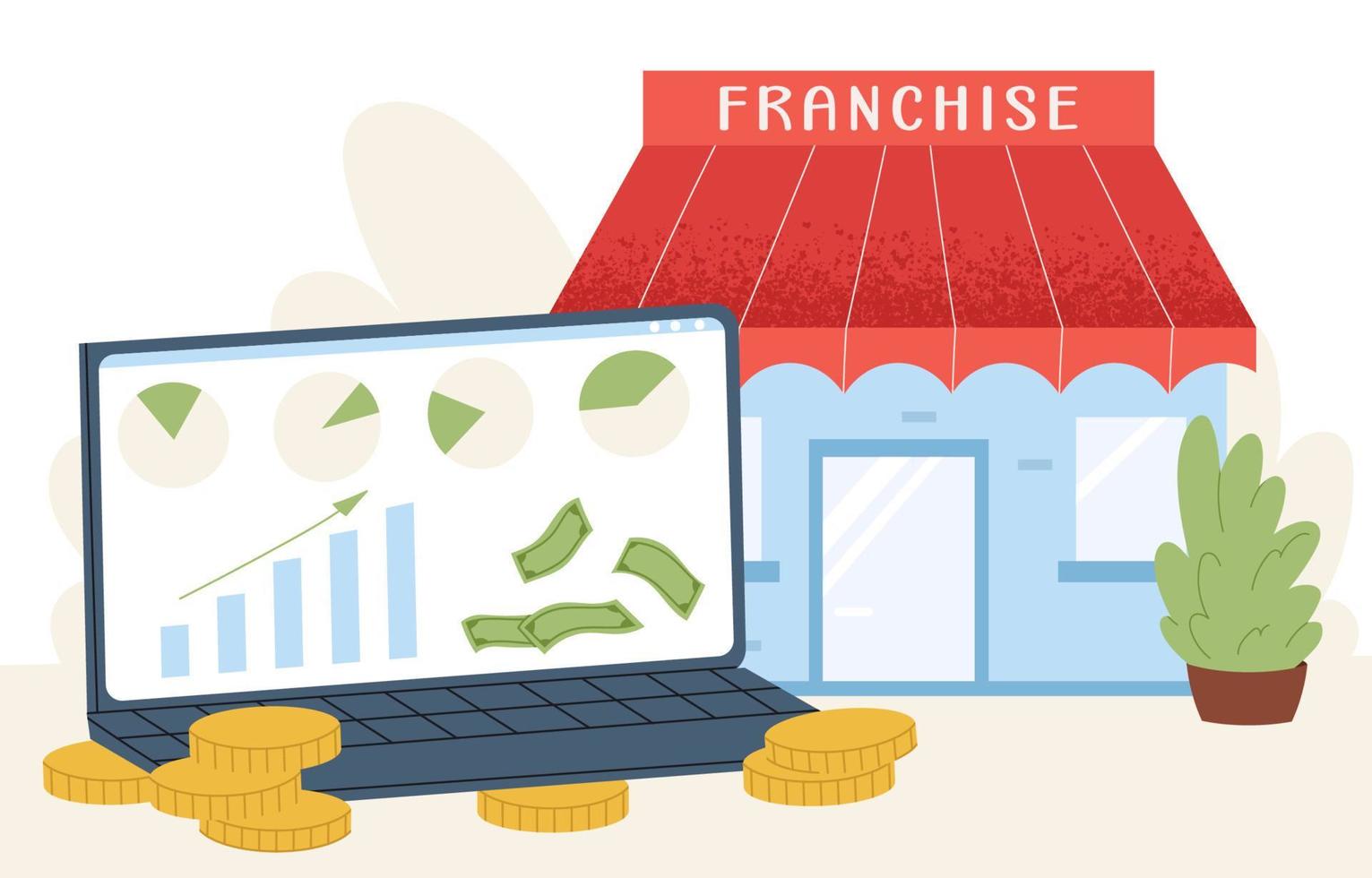 Sells franchise online. Sale and purchase of franchise. Financial success. Online franchising. Flat graphic vector illustration