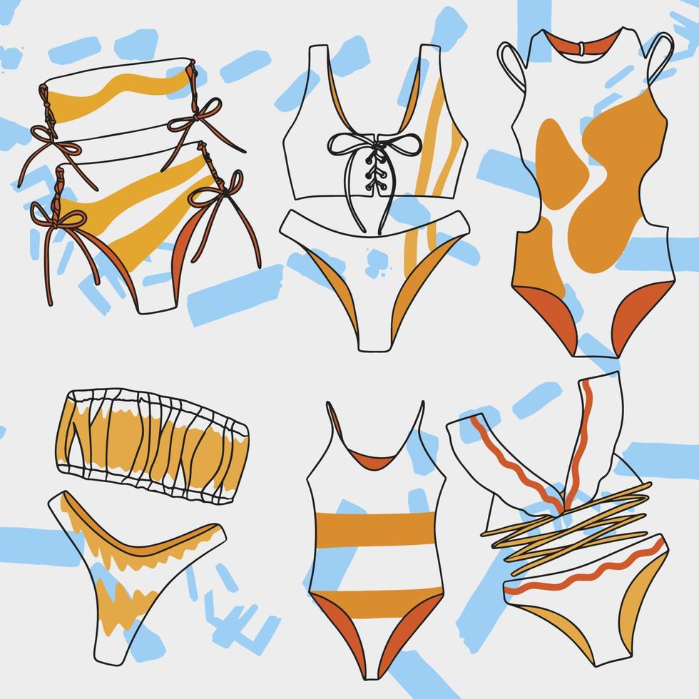 Fashion Beach Swimwear Set for Girls Mixed Colors Orange, Doodle Sketch vector