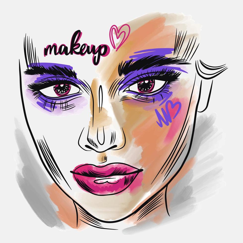 maquillaje, cita manuscrita. boceto de moda de un retrato de una chica con maquillaje brillante vector