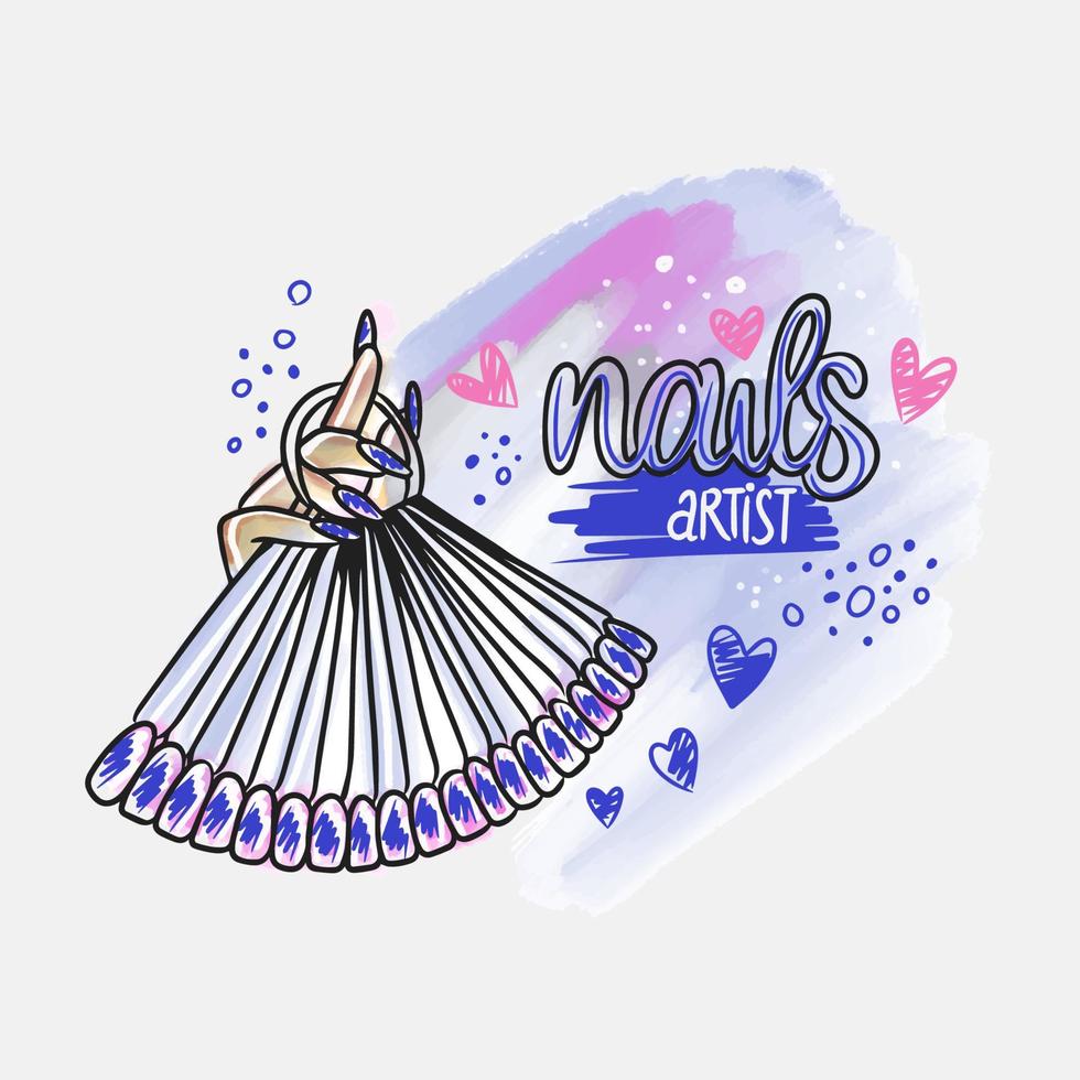 Nails artist, handwritten inscription, hand with long nails, fashion